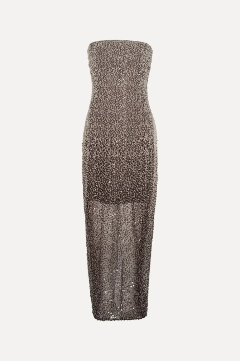 Beaded Midi Tube Dress Brown