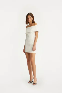 Beaded Satin Mini Dress Creme White