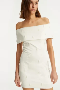 Beaded Satin Mini Dress Creme White