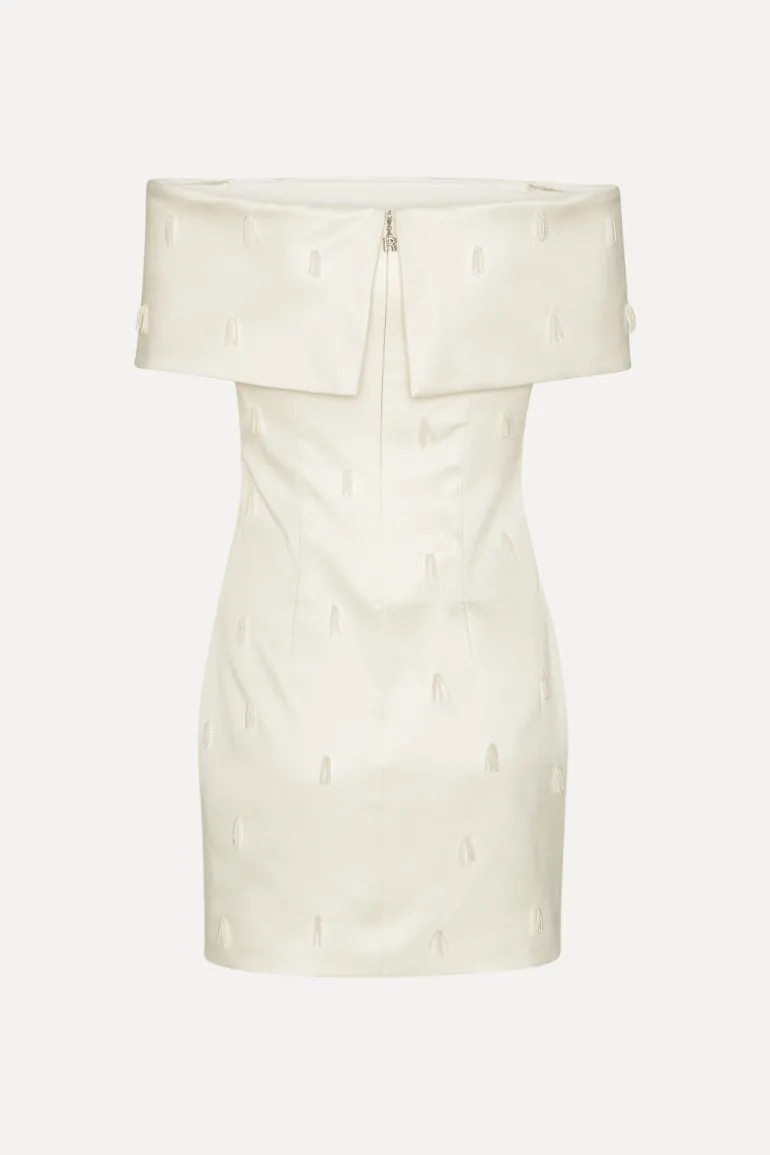 Beaded Satin Mini Dress Creme White