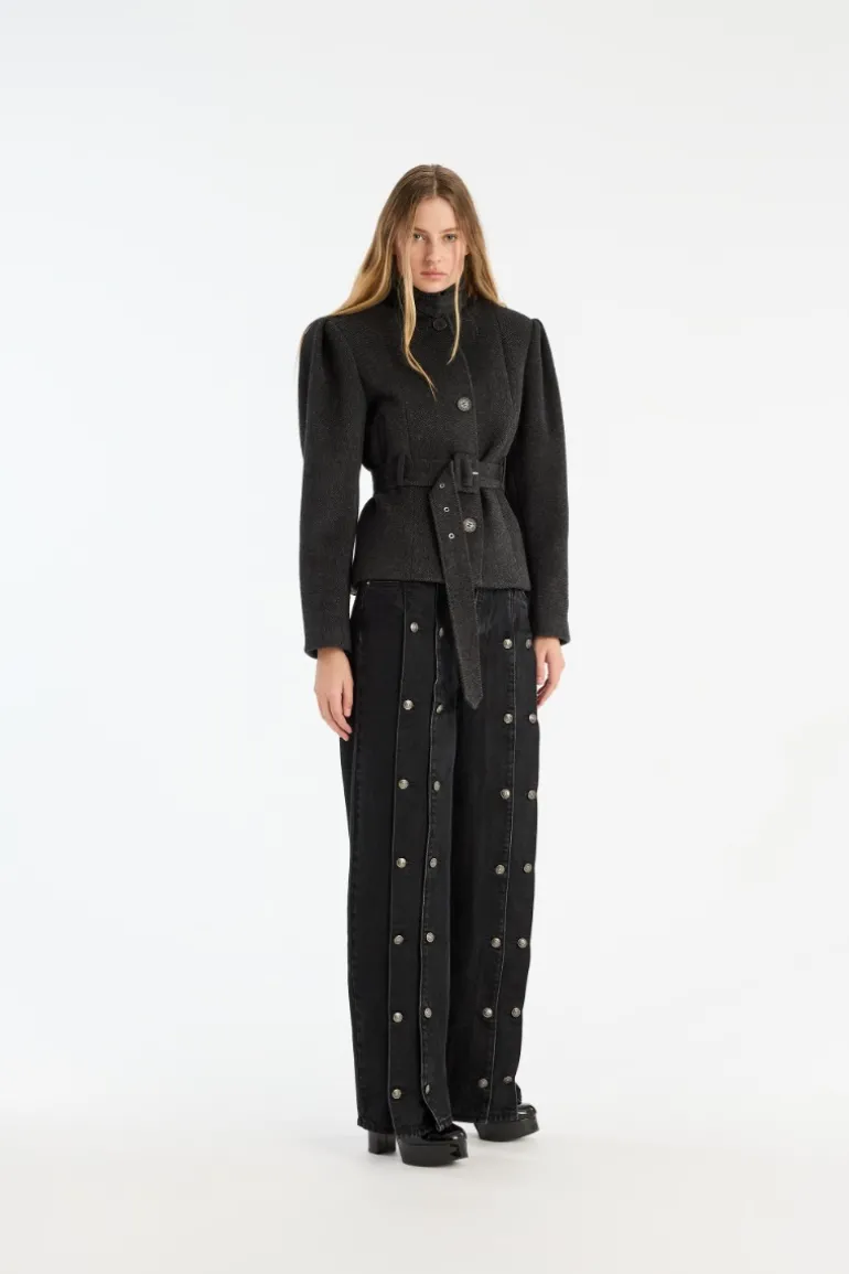 Button Detail Wide Jeans Black