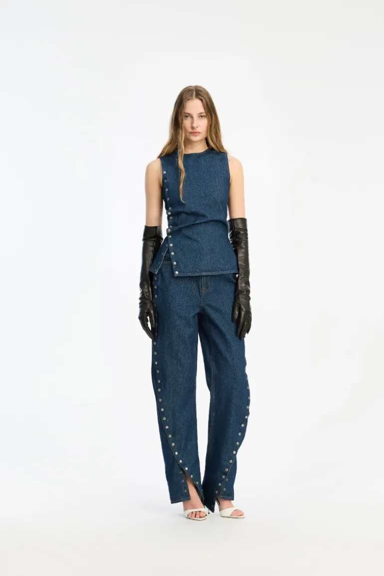 Buttoned Wide Leg Jeans Dark Blue