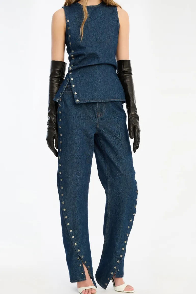 Buttoned Wide Leg Jeans Dark Blue