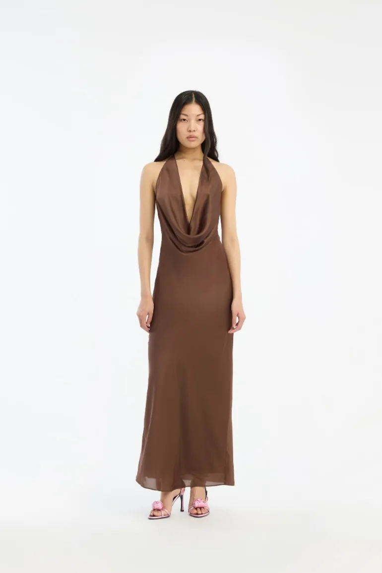 Chiffon Halter Dress Dark Brown