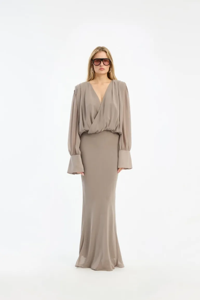 Chiffon Ls Maxi Dress Taupe