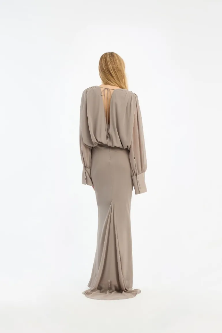 Chiffon Ls Maxi Dress Taupe