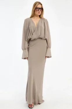 Chiffon Ls Maxi Dress Taupe
