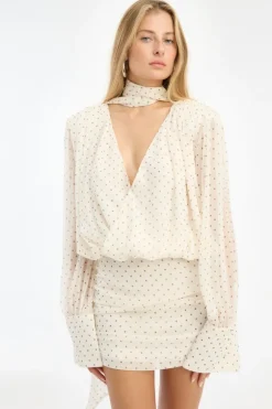 Chiffon Ls V-neck Dress Creme