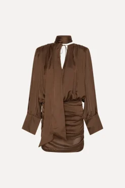 Chiffon Ls V-neck Dress Dark Brown