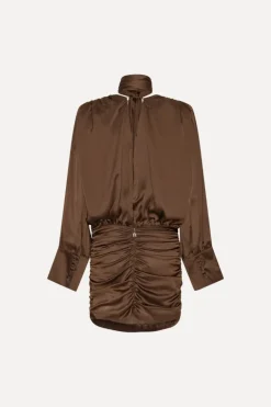 Chiffon Ls V-neck Dress Dark Brown