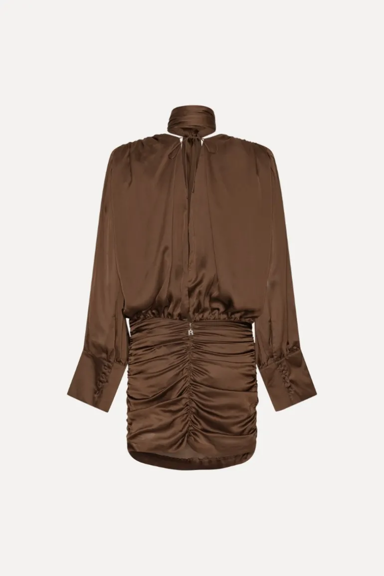 Chiffon Ls V-neck Dress Dark Brown