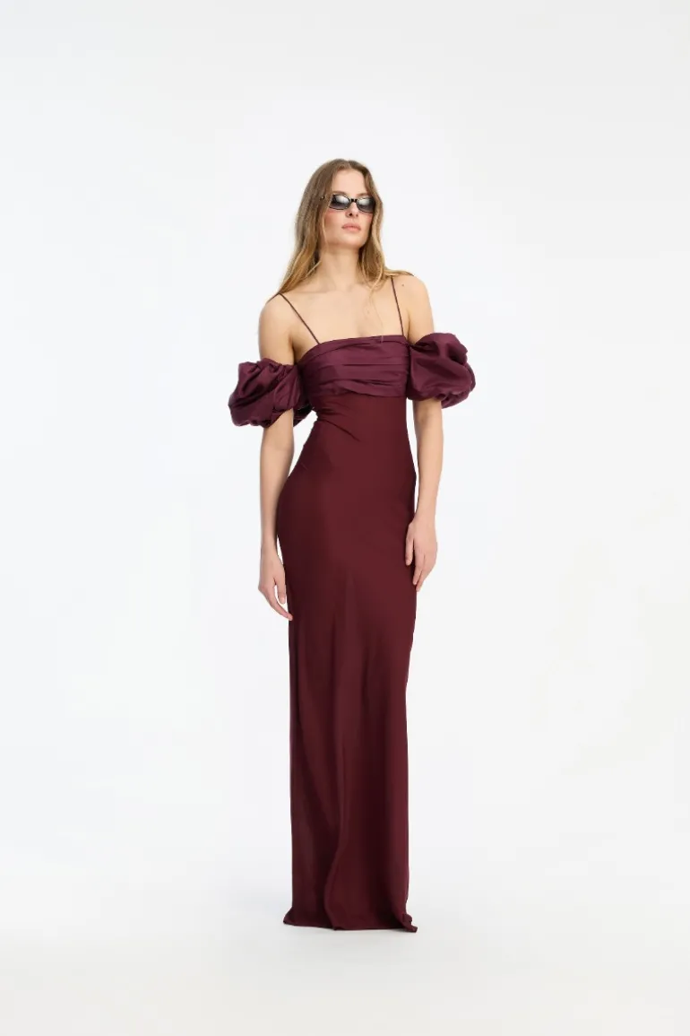 Chiffon Puff Sleeve Dress Burgundy