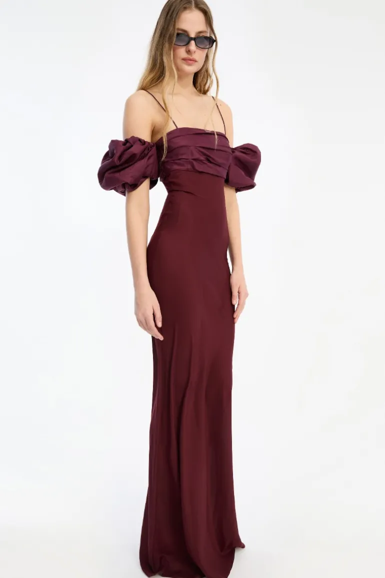Chiffon Puff Sleeve Dress Burgundy