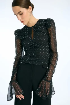 Chiffon Ruched Ls Top Black