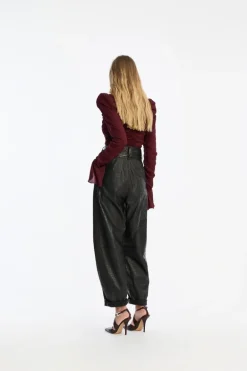 Chiffon Ruched Ls Top Burgundy