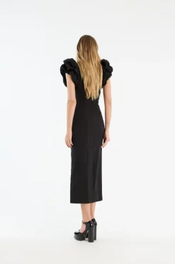 Crepe Puffy Midi Dress Black