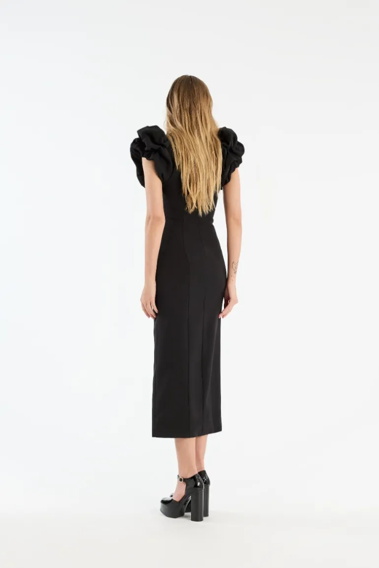 Crepe Puffy Midi Dress Black