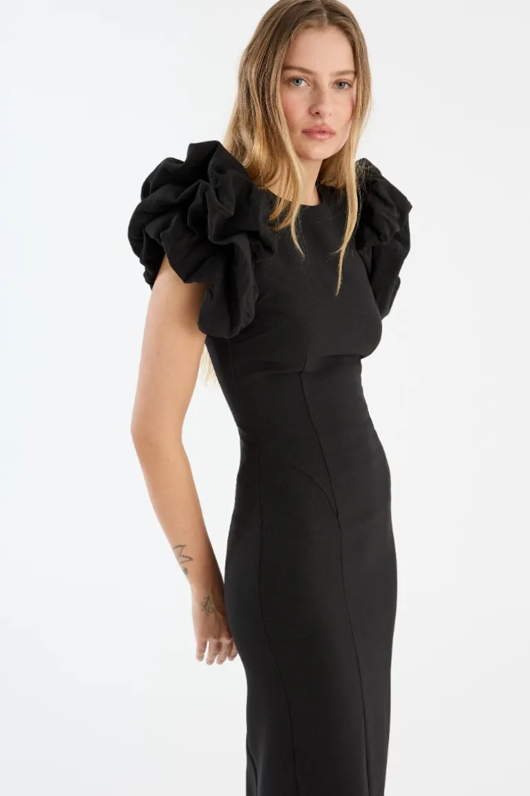 Crepe Puffy Midi Dress Black