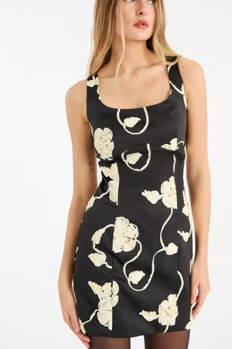 3d Flower Mini Dress Black