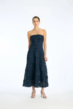 3d Lace Flared Midi Dress Dark Blue