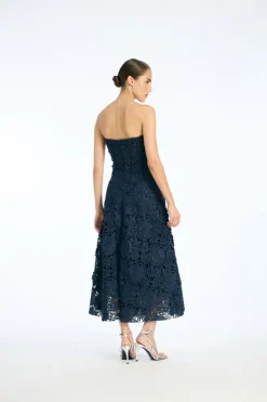 3d Lace Flared Midi Dress Dark Blue