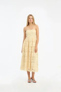 3D Lace Flared Midi Dress Yellow
