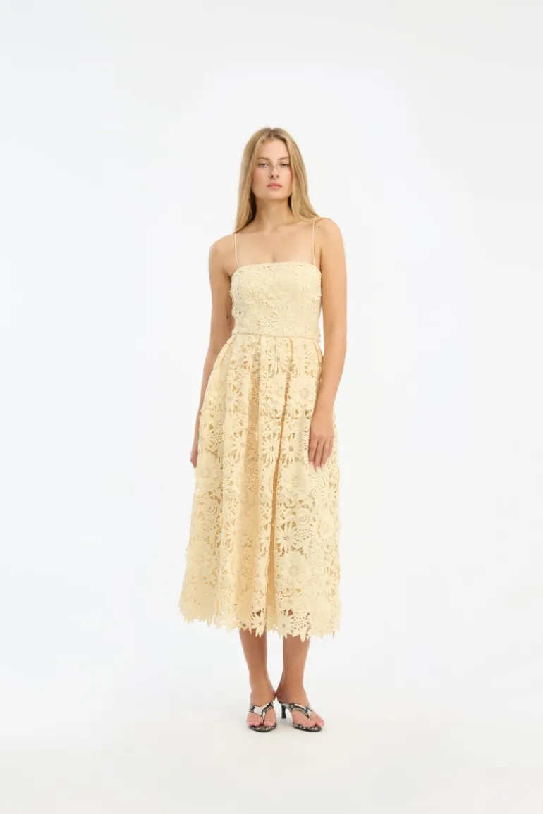 3D Lace Flared Midi Dress Yellow