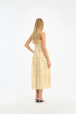 3D Lace Flared Midi Dress Yellow