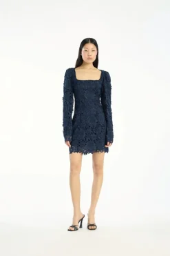 3d Lace Ls Mini Dress Dark Blue