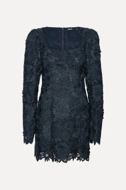 3d Lace Ls Mini Dress Dark Blue