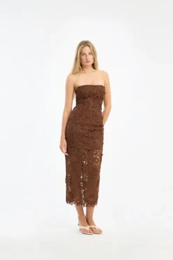 3D Lace Midi Dress Dark Brown