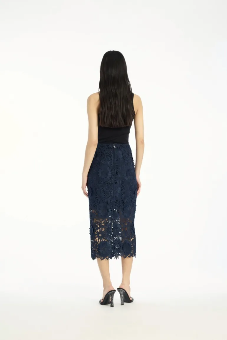 3d Lace Pencil Skirt Dark Blue