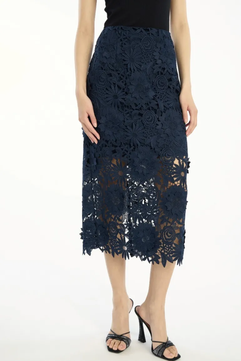 3d Lace Pencil Skirt Dark Blue