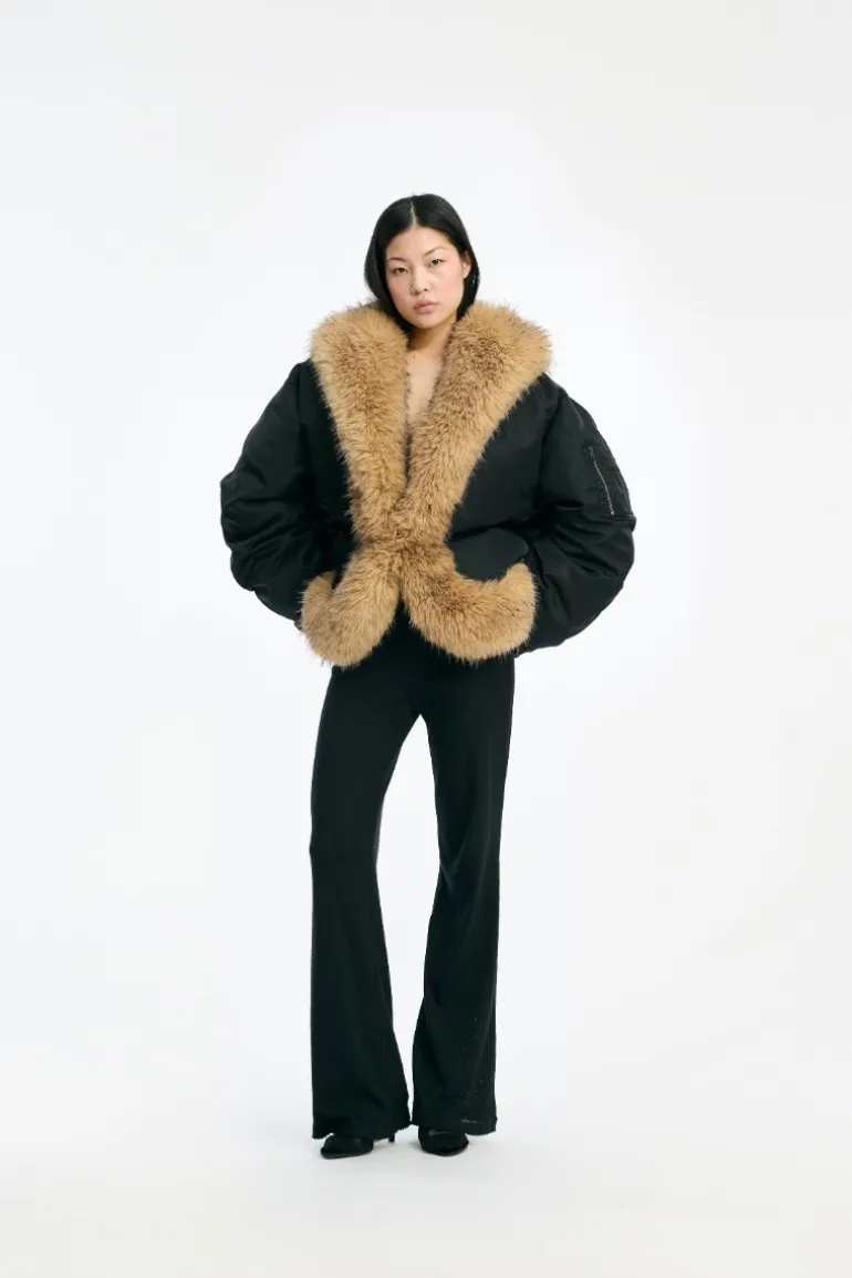 Faux Fur Collar Bomber Black