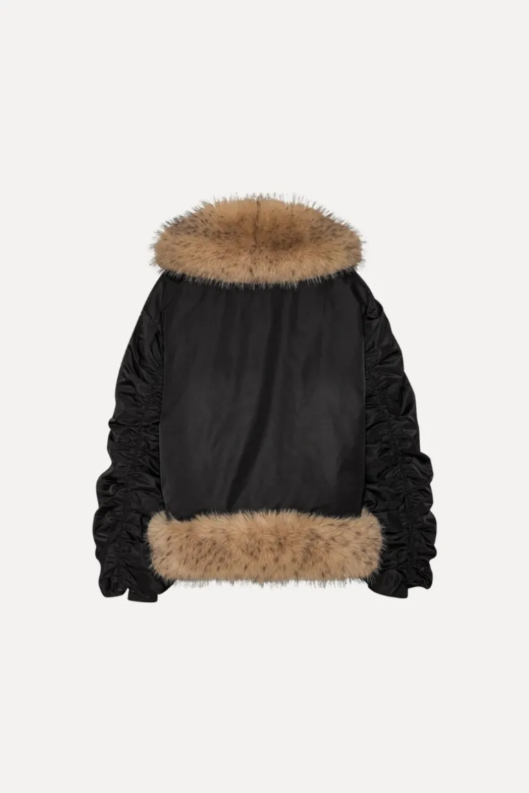 Faux Fur Collar Bomber Black
