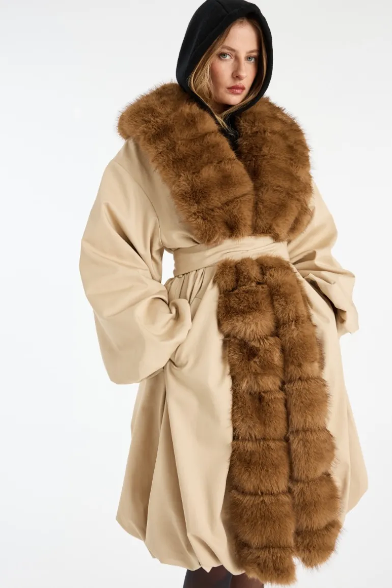 Faux Fur Collar Coat Beige