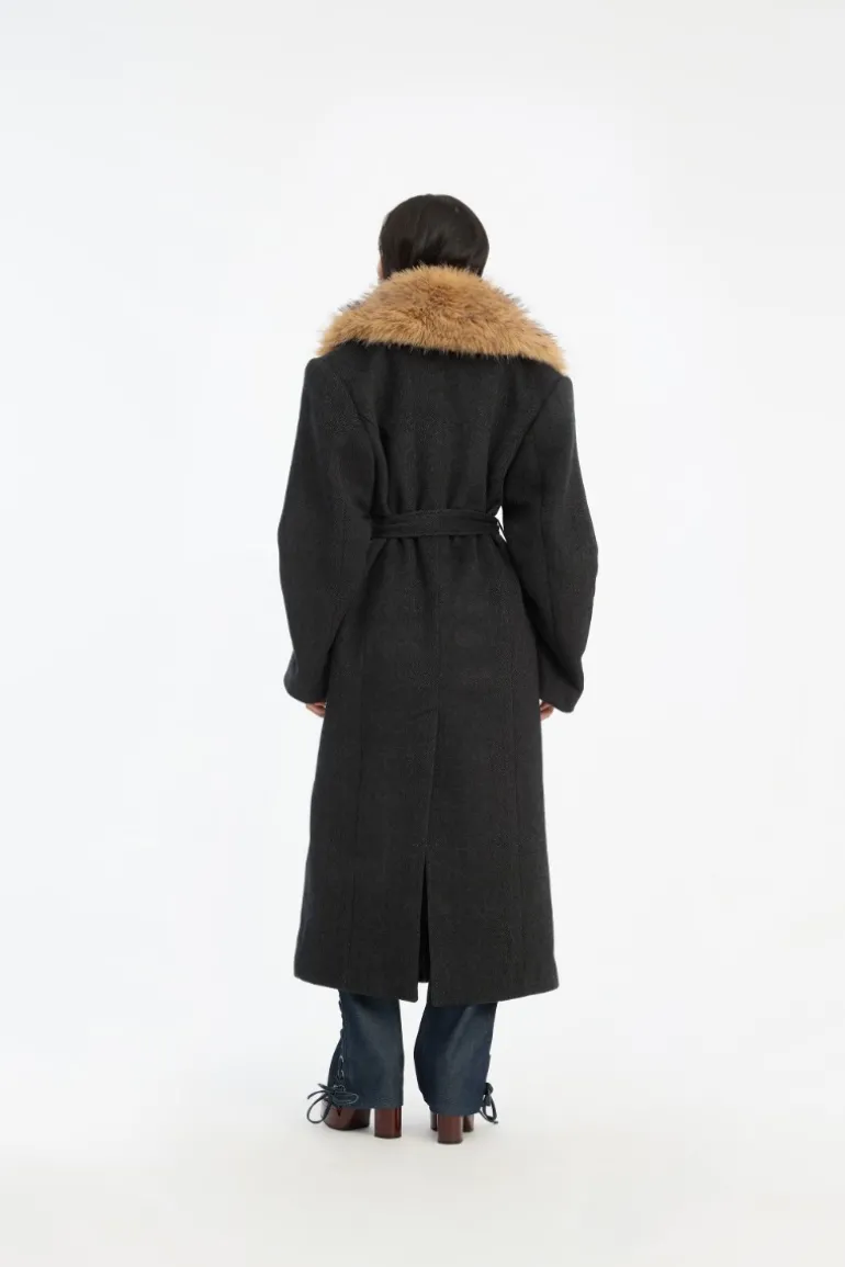 Faux Fur Collar Long Coat Dark Grey