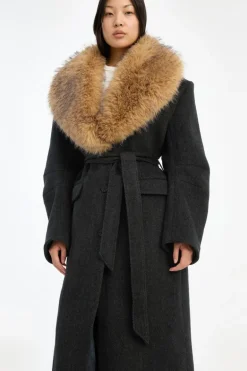 Faux Fur Collar Long Coat Dark Grey