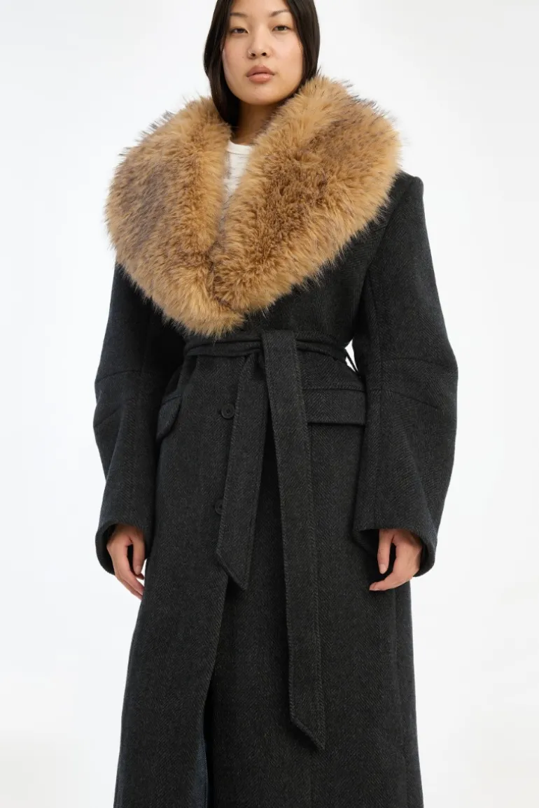 Faux Fur Collar Long Coat Dark Grey