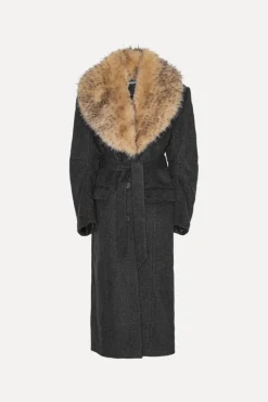 Faux Fur Collar Long Coat Dark Grey