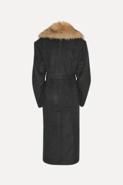 Faux Fur Collar Long Coat Dark Grey