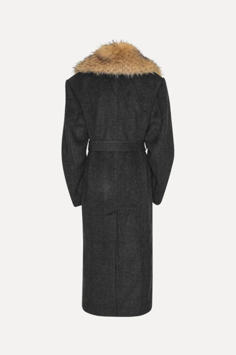 Faux Fur Collar Long Coat Dark Grey
