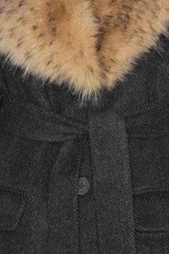 Faux Fur Collar Long Coat Dark Grey