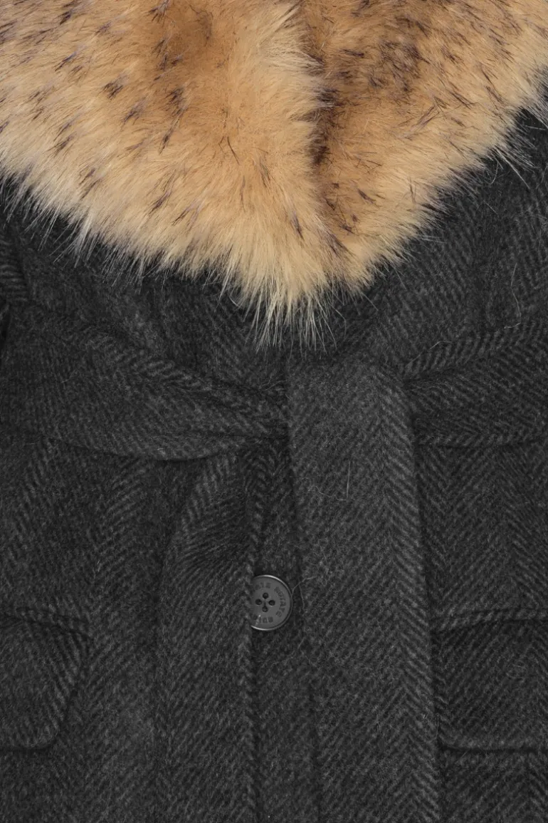 Faux Fur Collar Long Coat Dark Grey