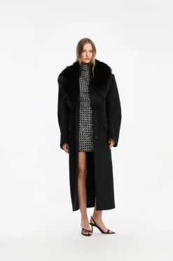 Faux Fur Collar Long Coat Black