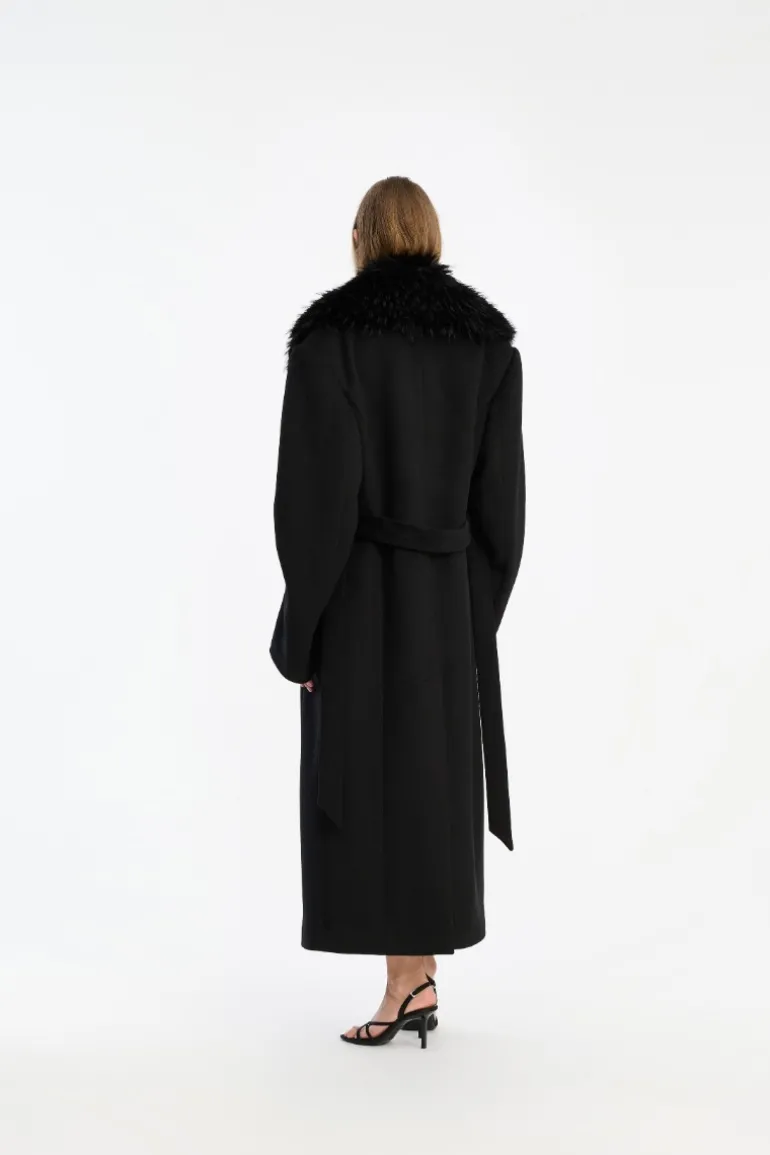Faux Fur Collar Long Coat Black