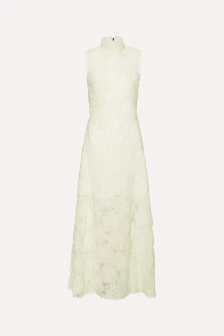 Flower Mesh Maxi Dress Creme White