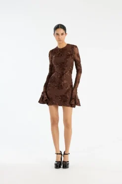 Flower Mesh Mini Dress Dark Brown