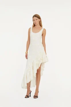 Flower Mesh Ruffle Dress White