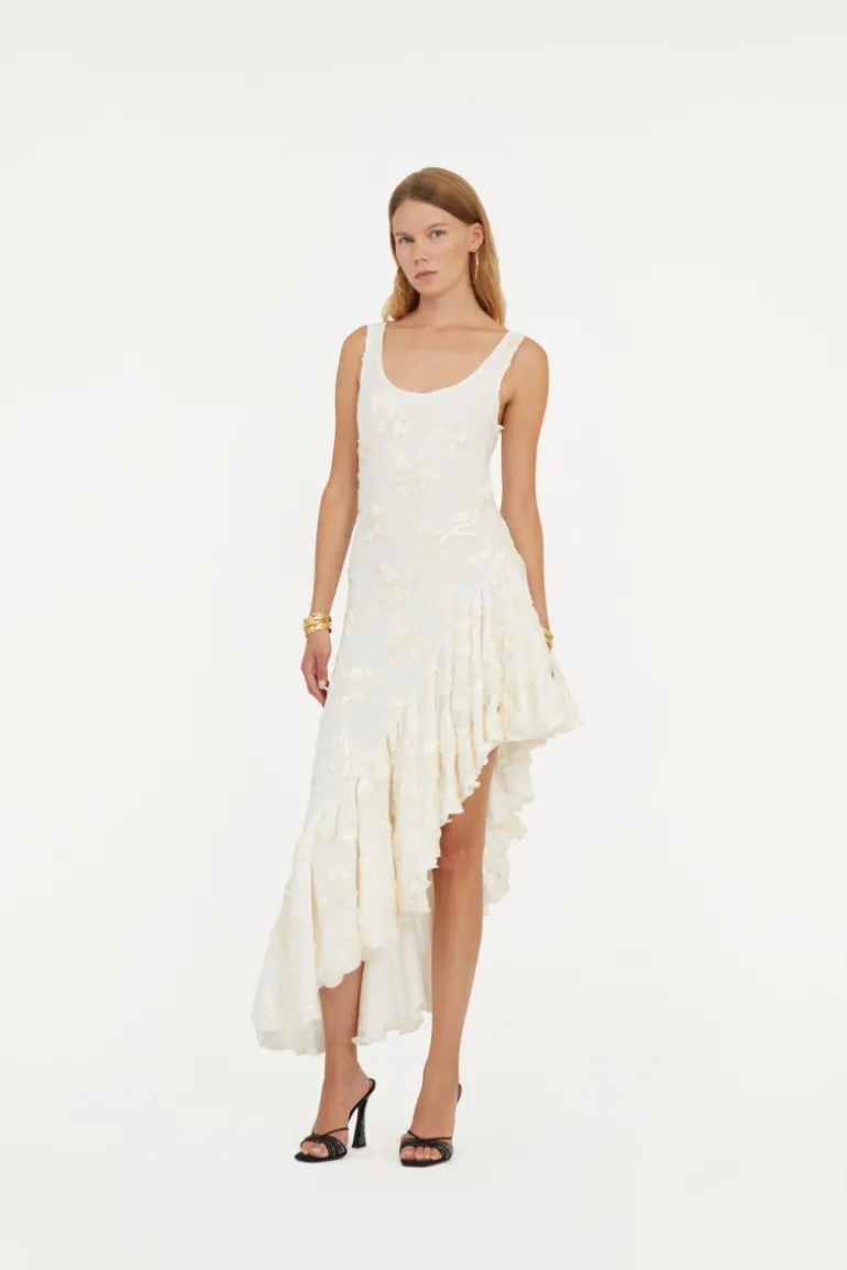 Flower Mesh Ruffle Dress White